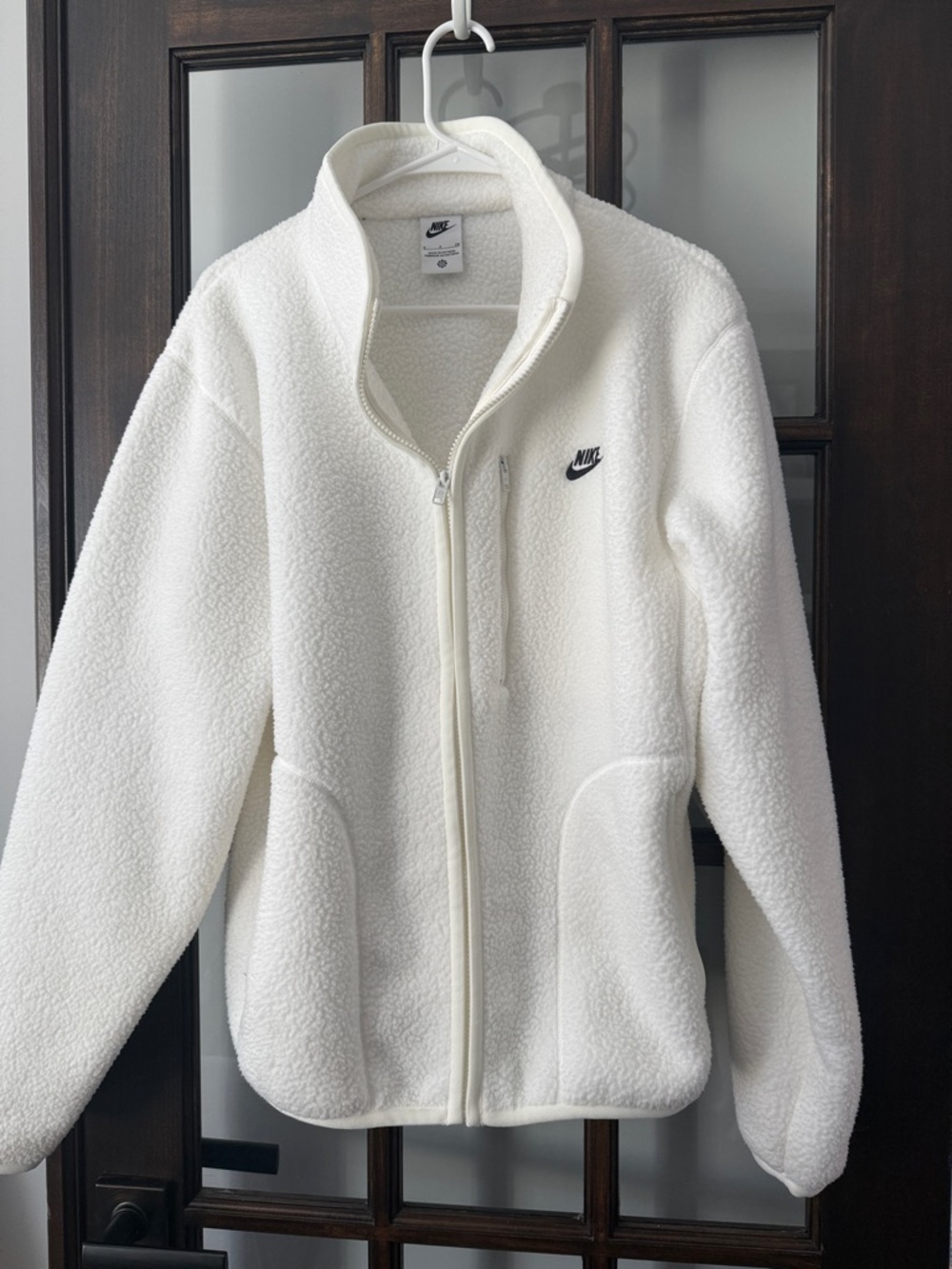 Nike White Sherpa Zip-Up Jacket with Black Swoosh